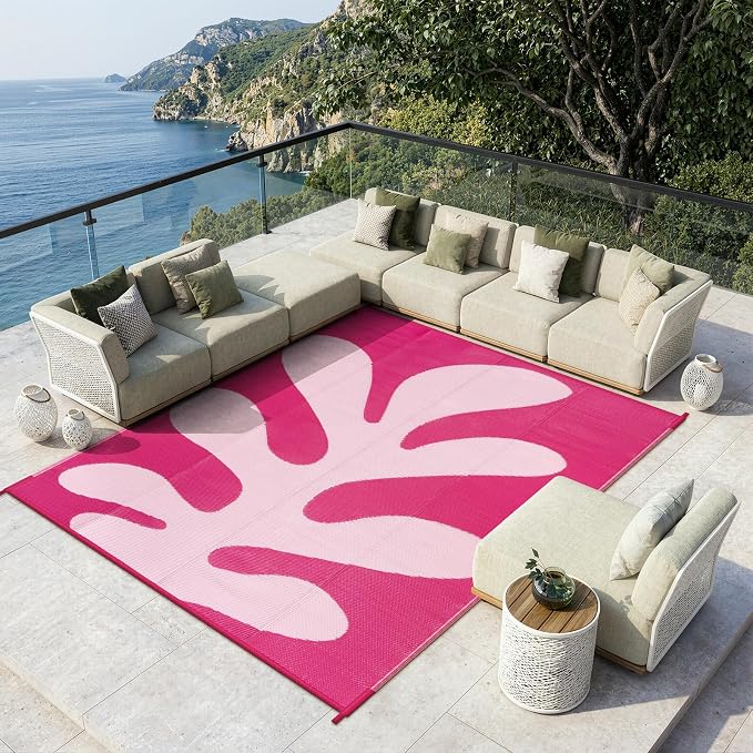 Lahome Plastic Coastal Coral Rv Outdoor Rug, Waterproof 6x9 Outdoor Camping Rug, Lightweight Hot Pink Camper Mats for Outside Beach Pool Patio Deck, Pink 6'x9'