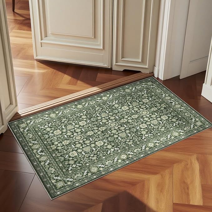OPPODREAM Low-Pile Area Rugs, Faux Wool Carpet for Living Room, Kitchen, Office, Dorm, Bedroom, Vintage Washable Rug Non Slip, Dark Green, 2'x3'