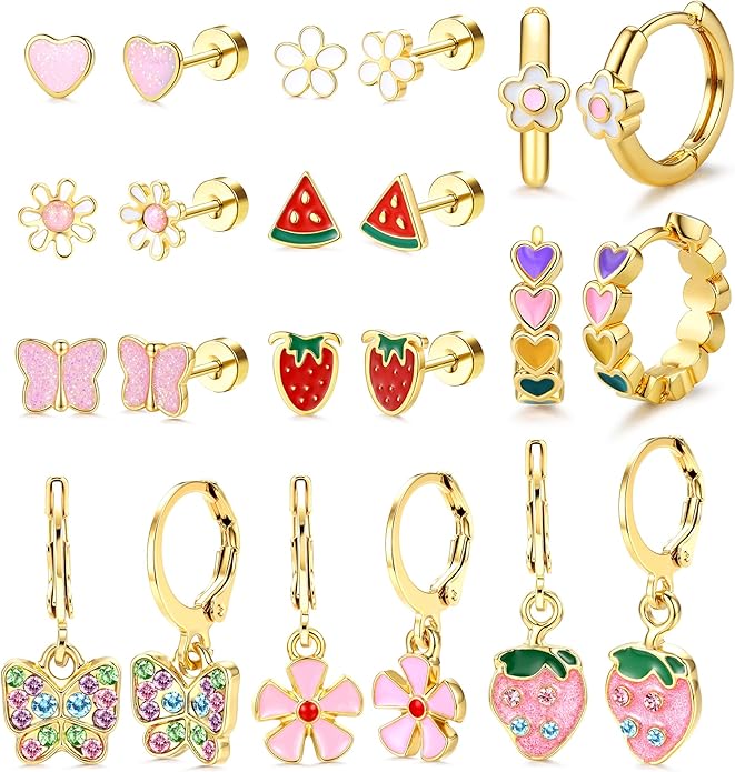 YADOCA 11 Pairs Hypoallergenic Earrings for Girls Women Surgical Steel Flat Back Stud Earrings Dangle Huggie Hoop Cute Heart Butterfly Flower Strawberry Screwback Earring Set Toddler Jewelry Gift