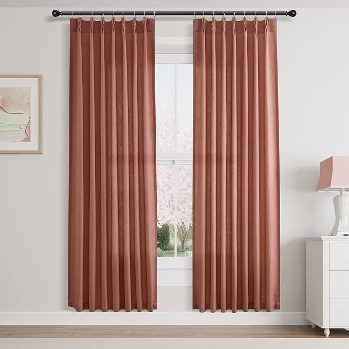 Aersas Canyon Rose Pinch Pleated Linen Curtains 72 Inch Length 2 Panels for Living Room Bedroom Semi Sheer Window Curtain Boho Neutral Back Tab Pinch Pleat Drape with Hooks 40x72