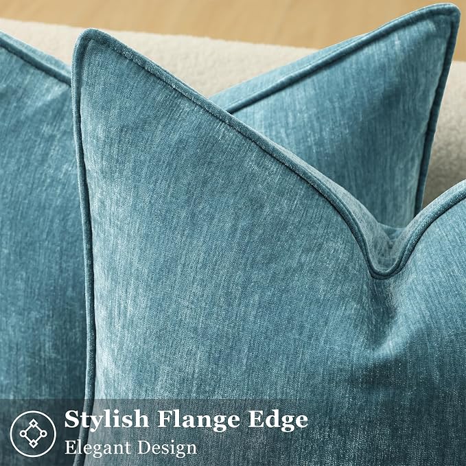 decorUhome Chenille Teal Velvet Throw Pillow Covers 20x20 Set of 2 | Fall Soft Couch Decorative Modern Farmhouse Pillow Cases with Elegant Design for Sofa Bed Living Room Home Decor