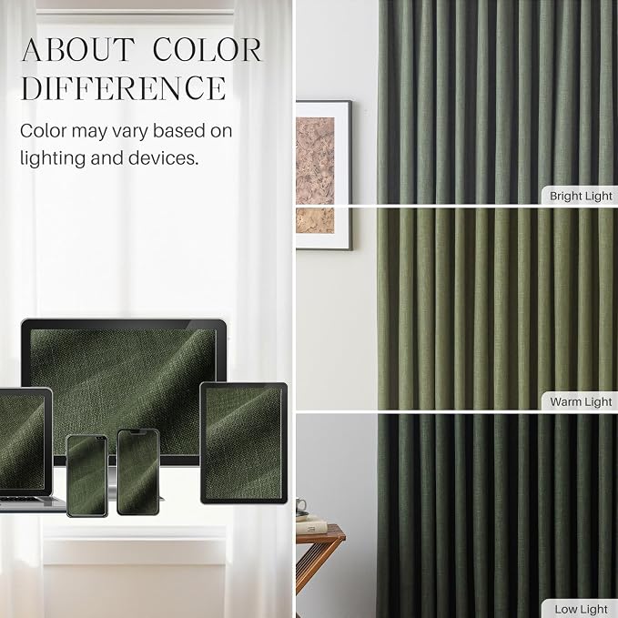 Pinch Pleated Curtains 100% Blackout Linen Curtains 95 Inches Long for Bedroom Living Room, Olive Green Memory Trained Thermal Insulated Room Darkening Window Drapes with Hooks 2 Panels 40"Wx95"L