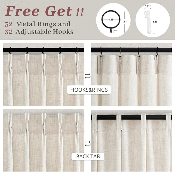 Birch Pinch Pleated Dining Room Curtains 92 Inches Long 4 Panels Set, Memory Shape Linen Blend Semi Sheer Window Curtain Light Filtering Privacy Country Drapes with Back Tab Ivory Beige 40"W x 92"L