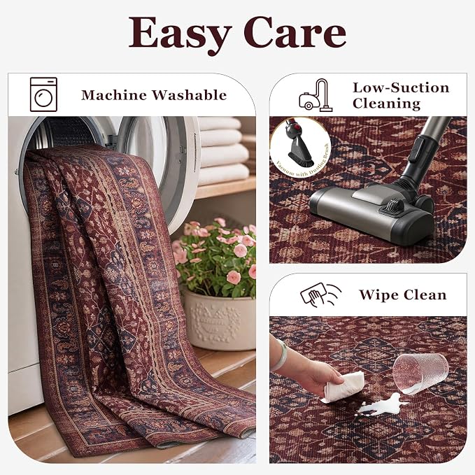 Amber Red Living Room Rug 8x10, Earth Tone Vintage Bedroom Rug with Boho Floral Trellis Purple Accents, Non Slip Washable Low Pile Thin Carpet Rug for Dining Room/Guest Room/Home Office