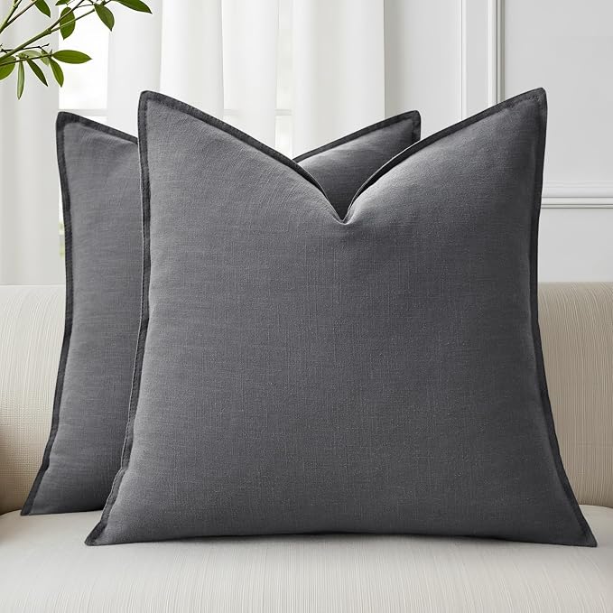 decorUhome Fall Dark Grey Linen Throw Pillow Covers 18x18 Set of 2 | Decorative Soft Cozy Modern Farmhouse Boho Accent Pillow Cases with Flange Edges for Couch Bed Sofa Living Room Home Decor
