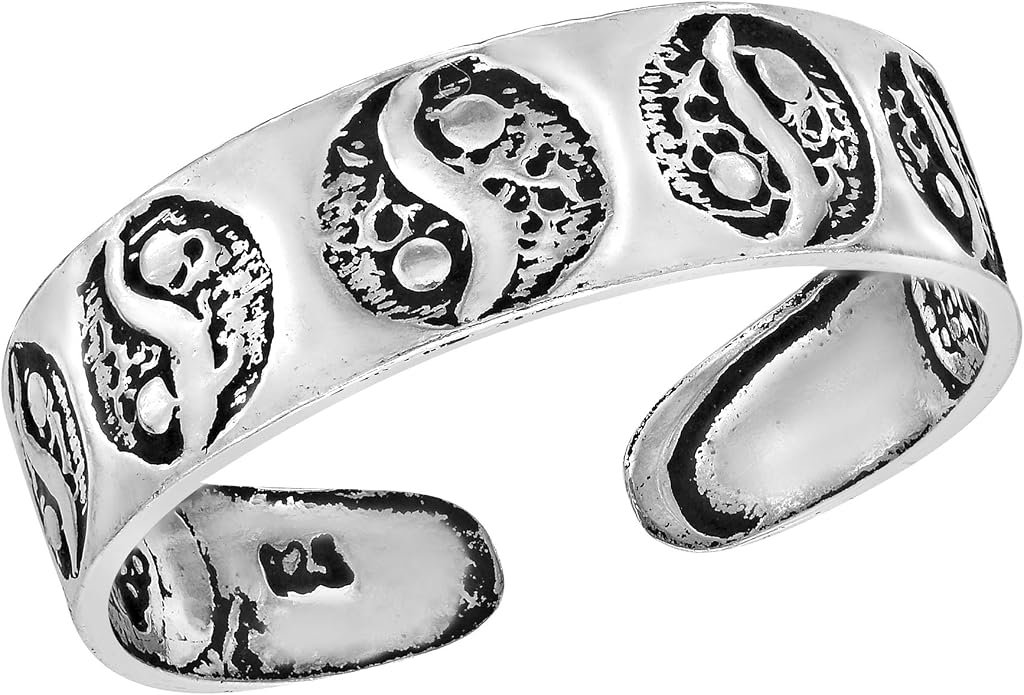 AeraVida .925 Sterling Silver Adjustable Toe Ring or Pinky Ring 5mm Wide Open Band, Stackable Minimalist Summer Foot Jewelry | Sun Moon Star Turtle Butterfly Leaf Olive Branch Ocean Wave Yin Yang Design