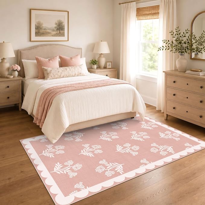 Pink 4x6 Area Rugs for Bedroom Girls - Soft Washable Boho Living Room Rug Non Slip Entry Rug Cottage Farmhouse Scalloped Rugs for Living Room Nursery Kids Room Playroom Kitchen Dorm