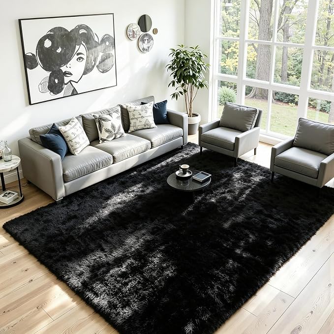 5x8 Area Rug for Living Room, Ultra Soft Fluffy Black Rugs for Bedroom, Non Slip Large Shag Carpet, Fuzzy Plush Nursery Rug, Thick Washable Indoor Floor Carpets for Kids Office Dorm Home Decor