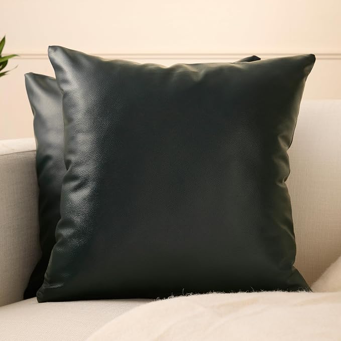 Encasa XO Faux Leather Throw Pillows Covers 24"x24" (Set of 2) | Green Decorative Cushion Covers | Modern Farmhouse Pillow Cases for Outdoor, Living Room, Bedroom, Couch, Sofa