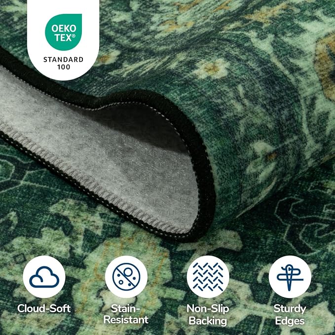 Lessymo 5x8 Washable Area Rug with Non Slip Backing,Soft Boho Indoor Carpets for Living Room Bedroom Nursery, Kid and Pet Friendly, Green