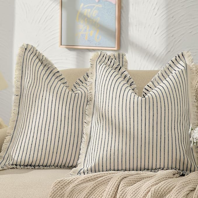 ZWJD Throw Pillow Covers 24x24 Set of 2 Striped Pillow Covers with Fringe Chic Cotton Decorative Pillows Square Cushion Covers for Sofa Couch Bed Living Room Farmhouse Decor, (Navy)