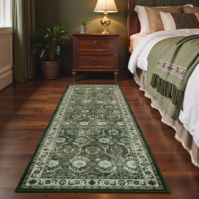 Runner Rug 2x10, Washable Non Slip Low Pile Kitchen Runner, Soft Boho Modern Rug for Hallways, Bedroom, Sage Green