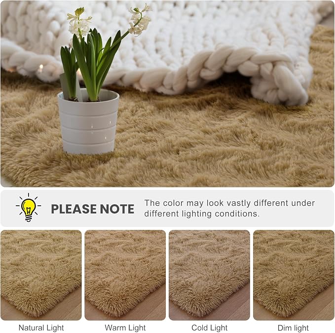 Macgace Fluffy Area Rugs for Bedroom Decor Aesthetic, 3x5 Beige Shag Rug with Non-Slip Dots for Living Room, Fuzzy Plush Carpet Washable Rug Modern Home Decor for Kids Nursery Girls Room Office