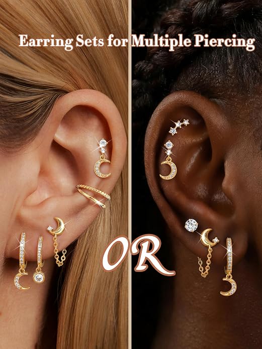 Dochais Flat Back Cartilage Earrings for Women Trendy Dainty CZ Flatback Studs Earing Sets 14k Gold Plated Hypoallergenic Huggie Hoops Earring Stacks for Multiple Piercing