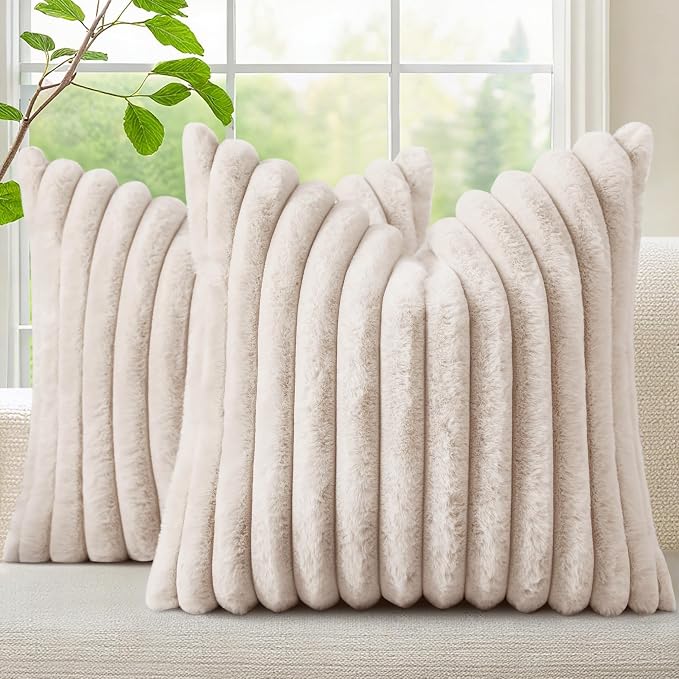 decorUhome Fall Faux Fur Throw Pillow Covers 18x18 Set of 2 Beige | Decorative Soft Cozy Striped Plush Modern Farmhouse Boho Couch Pillow Cases Velvet Back for Sofa Bed Living Room Home Decor