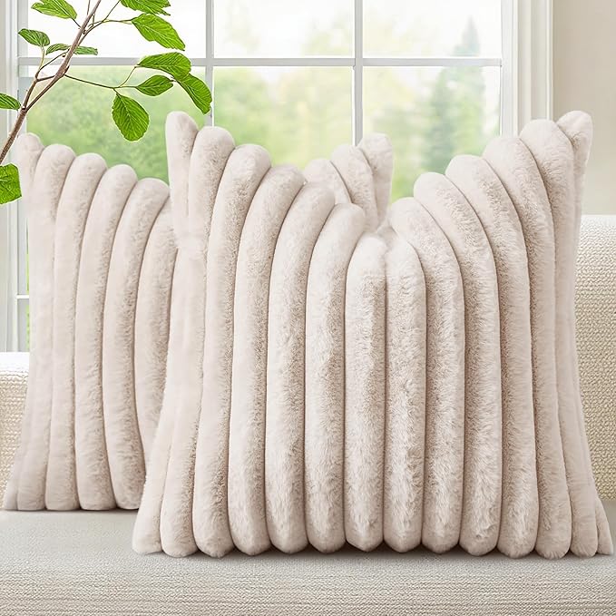 decorUhome Fall Faux Fur Throw Pillow Covers 26x26 Set of 2 Beige | Decorative Soft Cozy Striped Plush Modern Farmhouse Boho Couch Pillow Cases Velvet Back for Sofa Bed Living Room Home Decor