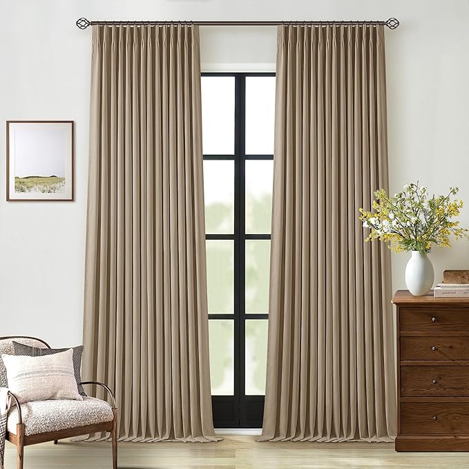 Light Brown Linen Blackout 92 Inch Curtains for Living Room 2 Panels Set | Pinch Pleated Back Tab, Thermal Insulated Full Black Out Curtains, Memory Shape, for Bedroom High Ceiling to Floor, 40x92