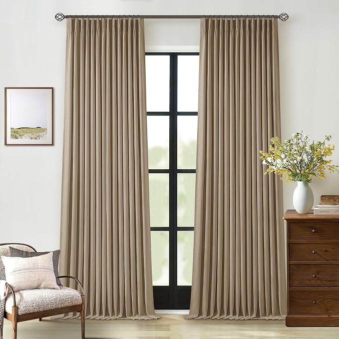 TWODRAPES Light Brown Blackout Linen Curtains 108 Inches Long Pinch Pleated | Black Out Curtains Lined 2 Layers, Memory Shape Noise Reducing, Rustic Farmhouse, for Living Dining Room Bedroom Window