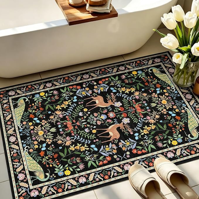 Small Vibrant Black Entryway Rug 2x3 - Front Door Rug Indoor Entrance, Small Carpet for Kitchen Floor, Bathroom, Powder Room, Washable Low Pile Non Slip, Floral Print Home Décor