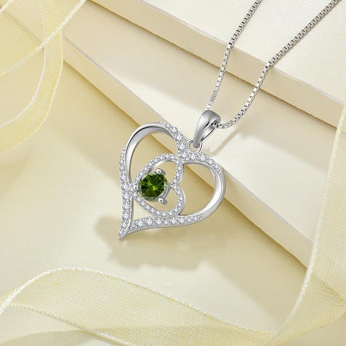 Love Heart Necklace for Women 925 Sterling Silver Birthstone Pendant Necklace Dainty Jewelry for Women Wife Mother Christmas Birthday Mother's Day Gift