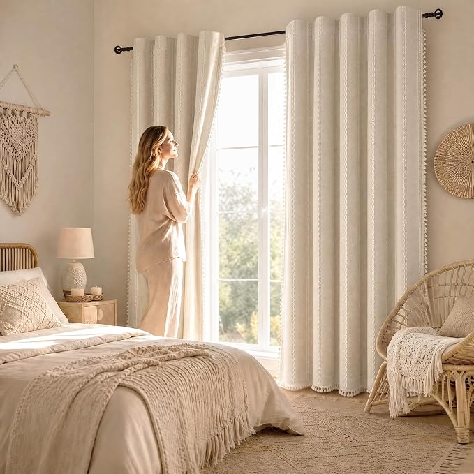 Boho Blackout Curtains 2 Panels 84 Inch for Living Room Bedroom, Beige Linen Texture Farmhouse Curtains with Tassels and Cotton Embroidery Vintage Rustic Western Rod Pocket
