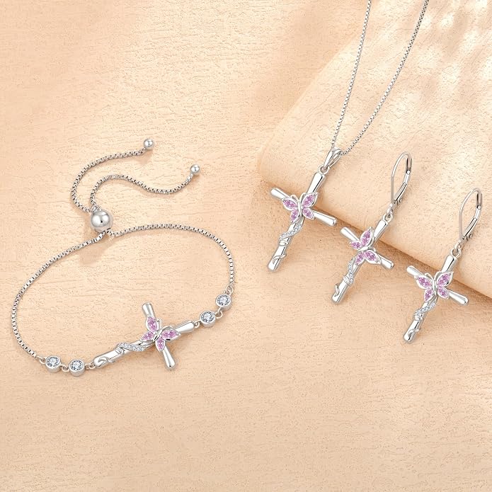 Cross Necklace for Women 925 Sterling Silver Butterfly Necklace Birthstone Pendant Created Gemstone Jewelry Gifts for Women
