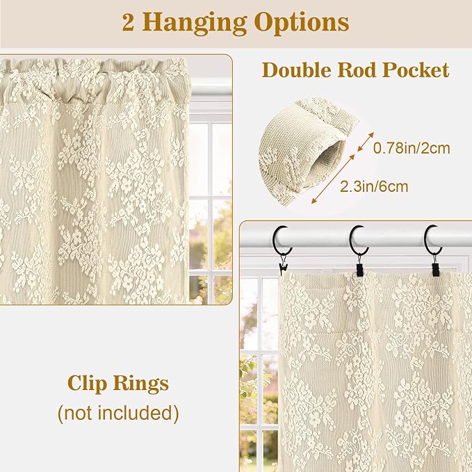 Yinhua Double Layer Kitchen Curtains 36 Inch Length Beige Blackout Curtains for Kitchen Rod Pocket Short Curtain for Windows, Small Window Curtain for Bathroom, Living Room, 2 Panels