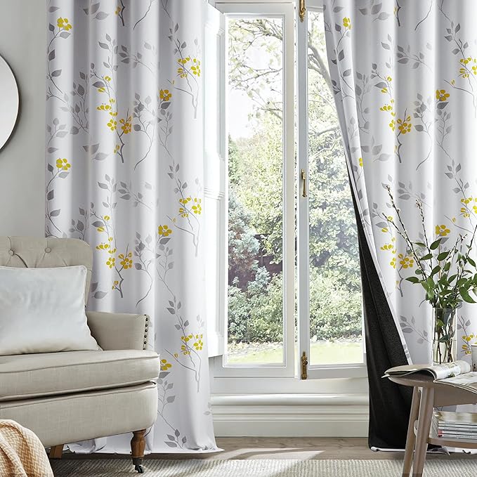 Beauoop Floral 100% Blackout Curtains Bedroom Yellow Grey 52X96 2 Panels | Flower Patterned Yellow White Room Darkening Drapes for Living Room Thermal Insulated Soundproof Window treatment Grommet