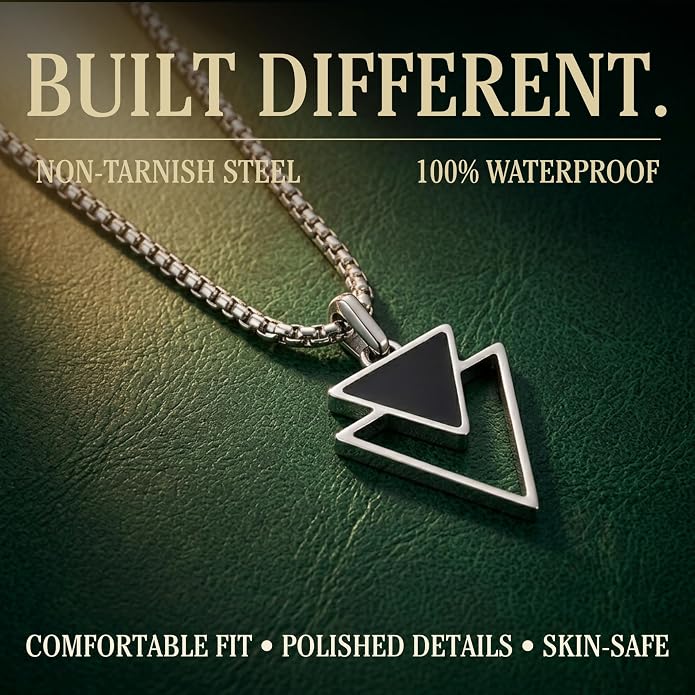 Galis Mens Necklace - Premium Stainless Steel Silver Chain Necklace, Non Tarnish, Chains, Triangle, Cross, Black Enamel, Compass Pendant, Stylish Jewelry - Gift for Him 24"