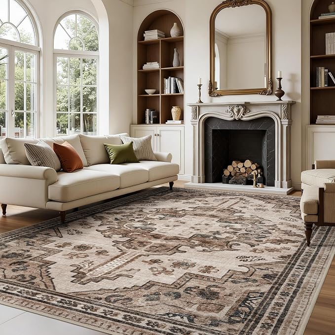 Joydeco 5x7 Area Rugs for Living Room, Machine Washable Vintage Area Rugs, Low Pile Non Slip Carpet, Lightweight Chenille Print Rug for Bedroom, Dining Room, Home Office, Light Coffee