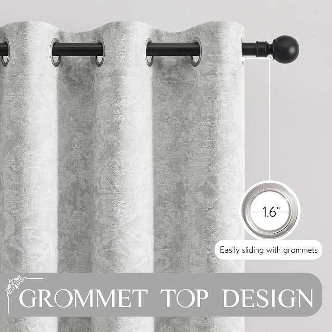 Beauoop Grey Floral Jacquard Blackout Curtains for Bedroom 52x84 2 Panels | Flower Chenille Room Darkening Drapes for Living Room 84 Inch Long Thermal Insulated Soundproof Window treatment Grommet