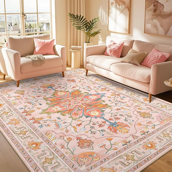 RELEANY Area Rugs 6'x9' Washable Non-Slip, Floral Vintage Distress Medallion Carpet for Living Room Bedroom Dining Room, Light Pink Colorful