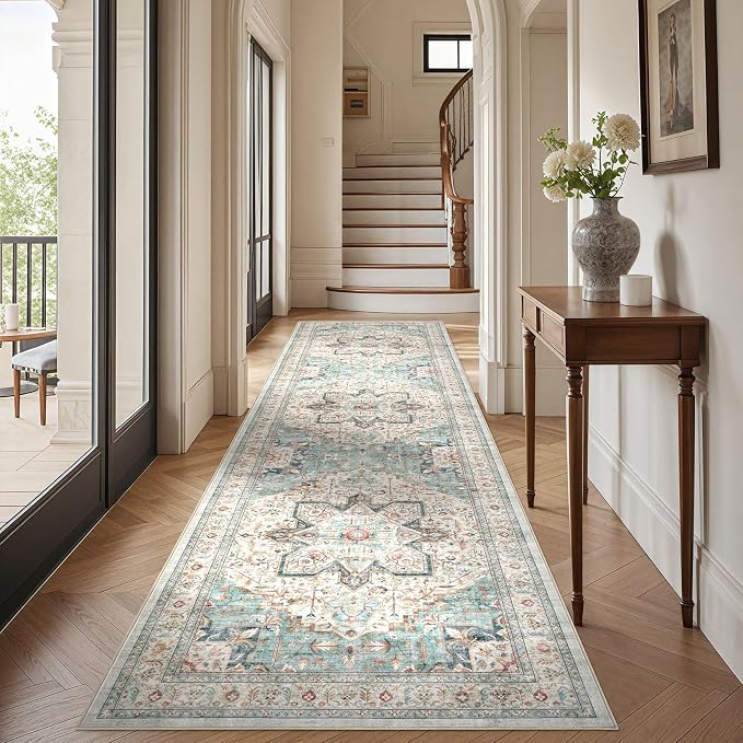 Tortania Area Rug 3x10 Runner Rugs - Washable Vintage Oriental Farmhouse Thin Indoor Carpet for Living Room Bedroom Hallway Entryway Kitchen Under Dining Table Home Office - Aqua Multi