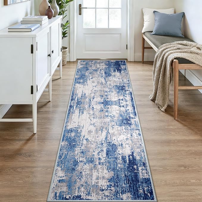 RELEANY Washable Area Rugs 3x9 Non-Slip Modern Abstract Soft for Living Room Entryway Bedroom Kitchen, Print Pattern, Blue Grey Navy Gray