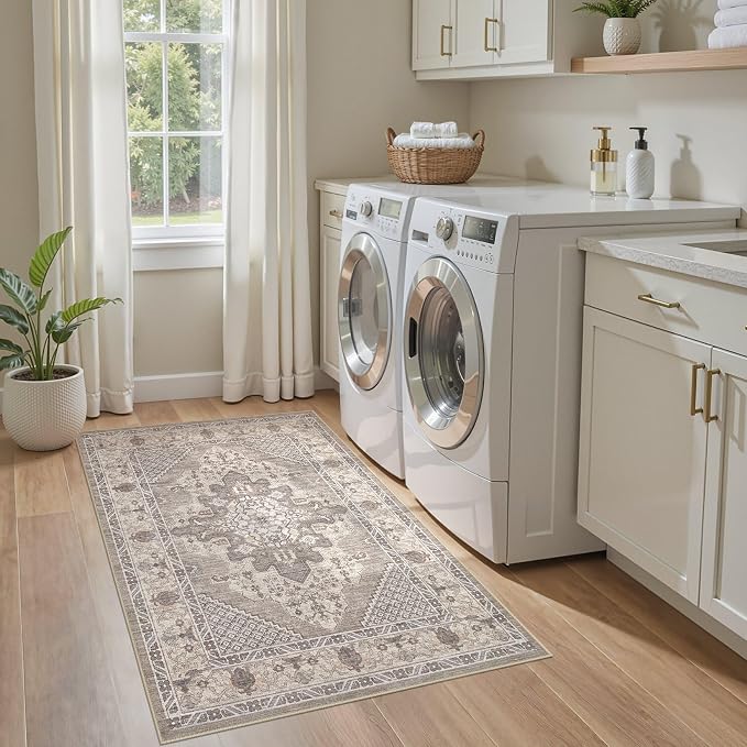 Tortania Area Rug Living Room Rugs - 3x5 Washable Rug Vintage Oriental Distressed Farmhouse Small Thin Indoor Carpet for Living Room Bedroom Under Dining Table Home Office - Taupe Brown