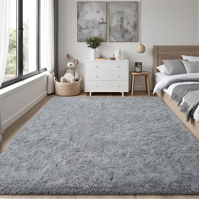 Area Rug for Living Room Bedroom: 5x7 Grey Soft Fluffy Shag Upgrade Non-Slip High Pile Carpet Large Fuzzy Plush Indoor Floor Decor Shaggy Rug for Kid Boys Girls Dorms Playroom Nursery Modern Home