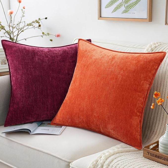 decorUhome Chenille Rhododendron Throw Pillow Covers 24x24 Set of 2 | Fall Soft Euro Sham Couch Decorative Modern Velvet Pillow Cases with Elegant Design for Sofa Bed Living Room Home Decor
