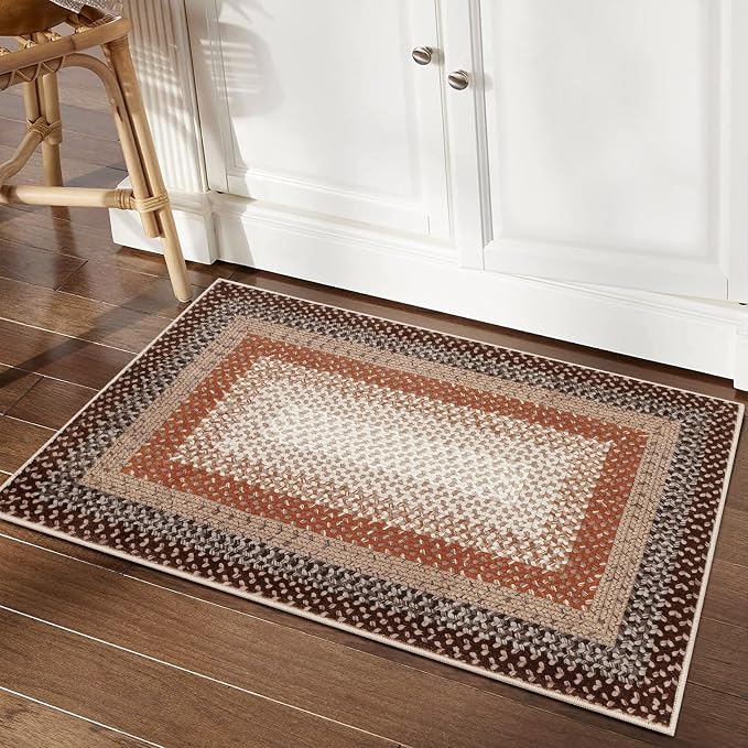 RUGSREAL Entryway Area Rug 2x3 Small Machine Washable Bedroom Rug Non Slip Bathroom Mat Stain Resistant Kitchen Rug Farmhouse Carpet Modern Rustic Area Rug for Living Room Dining Room, Brown/Rust