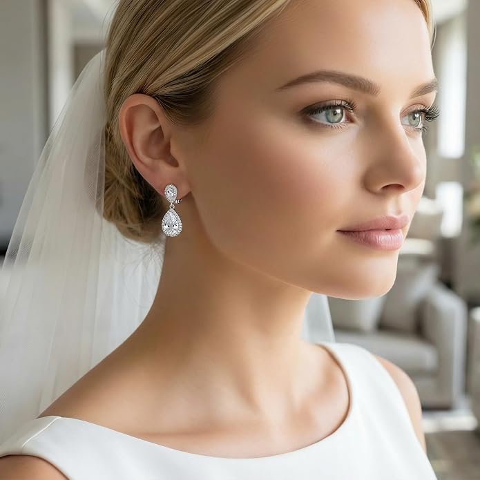 Mariell Cubic Zirconia Crystal Teardrop Dangle Bridal and Wedding Earrings, CZ Jewelry for Brides, Bridesmaids, Homecoming, Prom and Dressy Everyday Wear