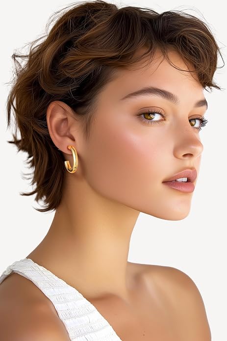 Stainless Steel Chunky Hoop Earrings For Women, Minimalist and Chic, Black/Gold Plated, Round Hoops Earrings Hypoallergenic, Size: 30mm/40mm/60mm/80mm, Come with Box