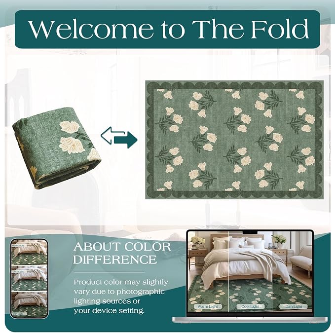 4x6 Boho Bedroom Rug - Sage Green Soft Washable Entry Rug Non Slip Stain Resistant Vintage Floral Scalloped Area Rugs for Living Room Bedroom Entryway Dining Room Kitchen Nursery Home Decor