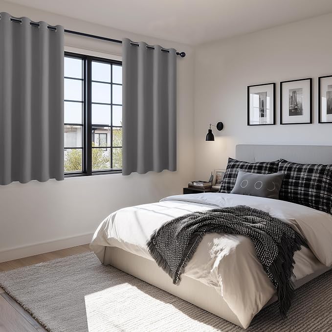 Hiasan Blackout Curtains for Bedroom, 52 x 54 Inches Long - Thermal Insulated & Light Blocking Window Curtains for Living Room, 2 Drape Panels Sewn with Tiebacks, Light Grey