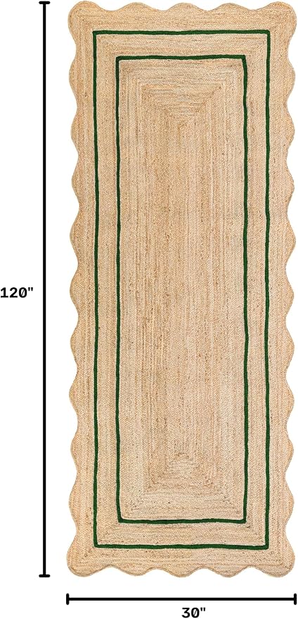 Wave Scalloped Natural Jute Runner, Green (2'6"x10'): Boho Farmhouse Entryway Scallop Rug