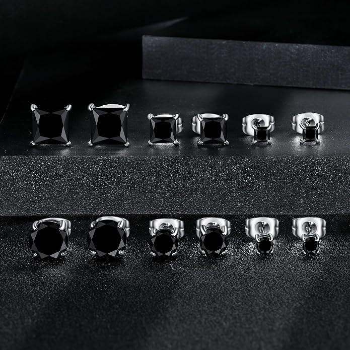 MDFUN 6 Pairs Stud Earrings Set 3mm/5mm/7mm Princess & Round Cubic Zirconia Earrings Hypoallergenic 316L Surgical Stainless Steel CZ Earrings for Women Men