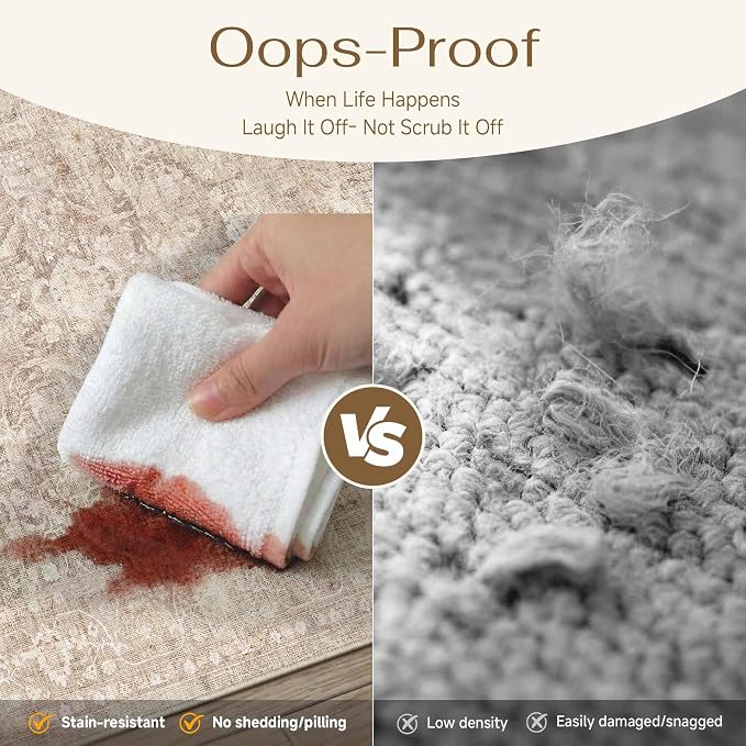 8x10 Beige Washable Area Rug for Living Room Bedroom Neutral Soft Non Slip Rug Low Pile Vintage Distressed Carpet for Dining Room Nursery Office Indoor
