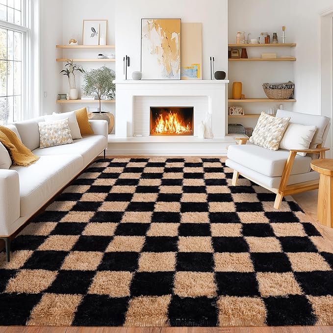Pionblank 8x10 Area Rugs for Living Room, Fluffy Plush Checkered Rug for Bedroom, Modern Shag Non Slip Soft Furry Large Carpet for Kids Room Nursery Home Decor, Black and Beige
