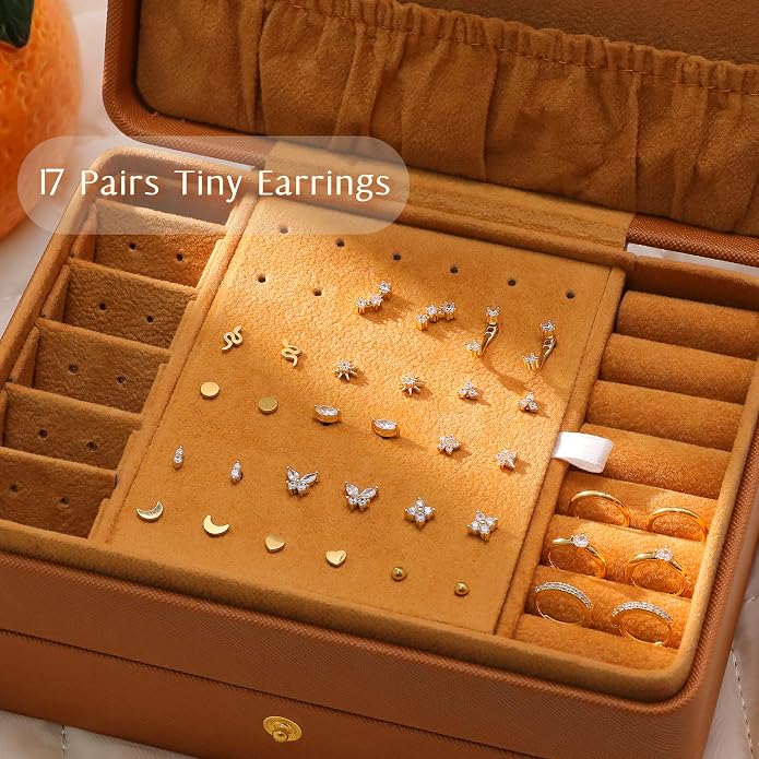 KRFY 25Pcs/17 Pairs Hypoallergenic Surgical Steel Earrings for Sensitive Ears 14K Gold Plated Flat Back Cartilage Earrings for Women Men Screw Back Flatback Stud Hoop Earring Set for Multiple Piercing