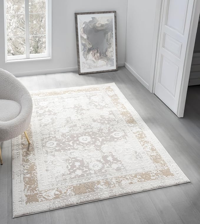 Amber Traditional Floral Area Rug for Living Room, 8x10 Vintage Persian Large Cream Neutral Rug, Medium Pile Stain Resistant Carpet for Bedroom, Dining Room or Kitchen (8' x 10', Cream)