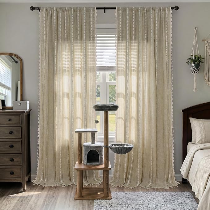 ColorBird Boho Floor to Ceiling Linen-Textured Brown Tan Curtains for Living Bedroom Sliding Doors 96 Inches Farmhouse Light Filtering Embroidered Striped Drapes Dining Room Closet Window Treatment