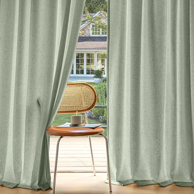 MIULEE Non-See-Through Privacy Linen Curtains 52Wx108L Inch Light Green | 2 Panels, Light Filtering, Semi Sheer Window Curtains, Farmhouse Textured, Back Tab Drapes for Bedroom Living Room